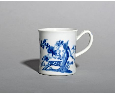 A good Worcester blue and white coffee can or small mug, c.1755-58, the slightly waisted form painted with the Rock Warbler p