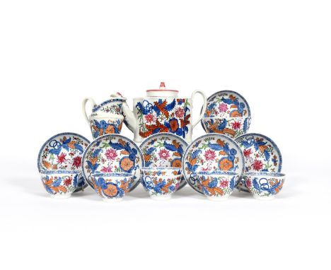 A New Hall part tea service, c.1790-1800, boldly decorated in pattern 272 with large flower sprays and saz type leaves. Compr