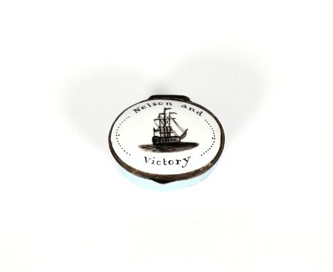 An English enamel commemorative patch box, late 18th/early 19th century, the oval form painted in black with a ship at sail, 