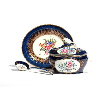 A Worcester sauce tureen with cover, stand and ladle, c.1768, the oval forms painted with panels of flowers in the Chinese fa