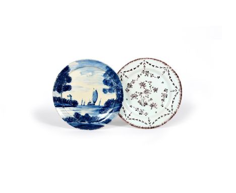 Two delftware plates, c.1720-80, one painted in blue with boats sailing between sponged trees, the other decorated in mangane
