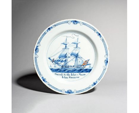 A rare documentary Liverpool delftware ship charger, c.1756, painted perhaps by William Jackson with a two-masted brig at sai