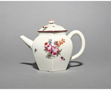 A Chelsea hexagonal teapot and cover, c.1750-54, finely painted with sprays of flowers in the Meissen style, one side with a 