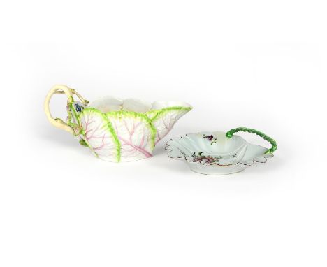 A Longton Hall leaf dish and a sauceboat, c.1755, the dish formed of overlapping leaves painted with sprays of flowers, the s