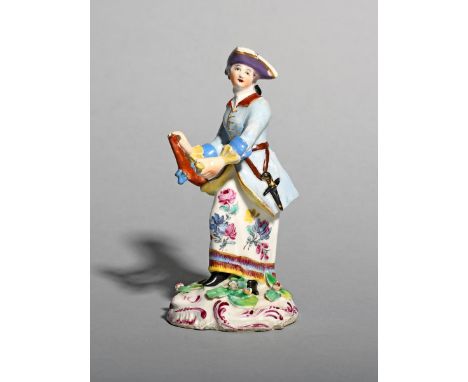 A Bow figure of a huntress, c.1760-65, holding a pistol in her right hand, a small bird perched on her left, a dagger suspend