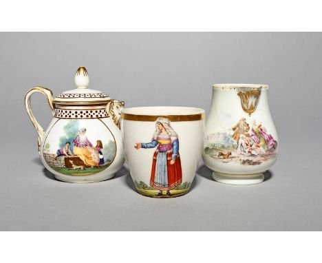 A Naples pottery milk jug and cover and a coffee cup, late 18th/early 19th century, the jug painted with scenes of mothers an