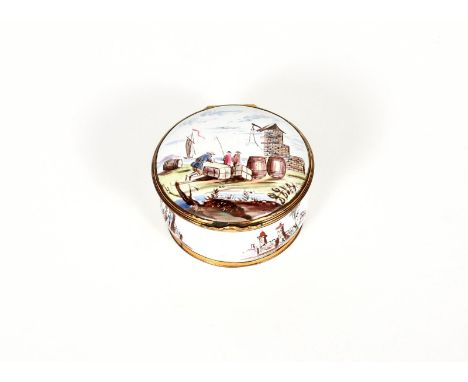 A circular English enamel snuff box, c.1760-70, painted to the cover with figures in a harbour moving bales and barrels towar