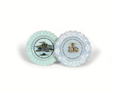 Two Bristol delftware plates, c.1760, painted in shades of yellow, blue and manganese, one with a Chinese figure walking befo