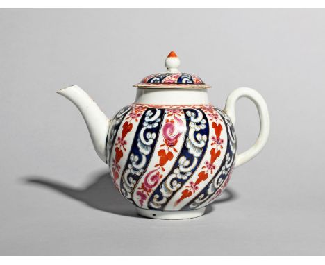 A Worcester teapot and cover, c.1765-70, brightly enamelled with the Queen Charlotte pattern of spiralling Oriental flower sp