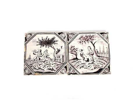 A pair of London delftware tiles, c.1710, painted in manganese, each with an octagonal panel, one of two figures dancing bene