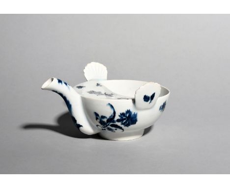An Isleworth blue and white feeding cup, c.1770-85, the circular bowl body printed with sprigs of gillyflower or carnation an