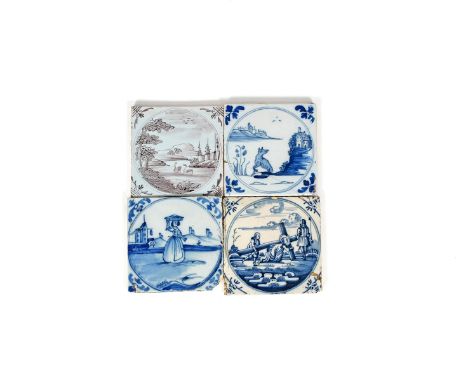 Four delftware tiles, c.1760-70, one Biblical and painted in blue with Christ carrying the cross, another painted with a girl