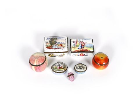 Four enamel snuff boxes, c.1760-80, two modelled as apples with russet patches, one rectangular and painted with figures in l