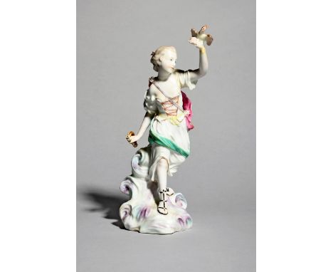 A Derby figure of Air, c.1760-65, from the Elements series, modelled as a girl in Classical dress standing on cloud scrolls a