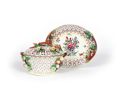 A Worcester chestnut basket with cover and stand, c.1770-75, the basket moulded with hexagonal floral panels, with crabstock 