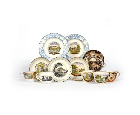A collection of New Hall tea wares, late 18th/early 19th century, including a pair of plates printed and coloured with scenes