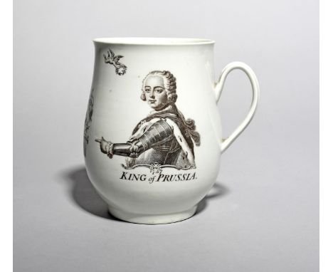 A large Worcester bell-shaped King of Prussia mug, c.1757, printed in black with a head and shoulders portrait of Frederick I