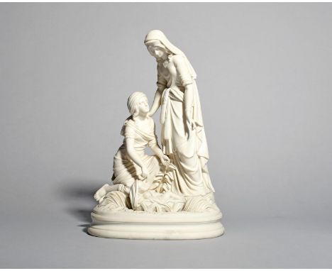 A Parian group of the Finding of Moses, 2nd half 19th century, the Pharaoh's daughter resting one hand on the shoulder of her