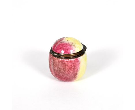 A small South Staffordshire enamel bonbonnière, c.1770, modelled as an apple with russet and cream striations, with a hinged 
