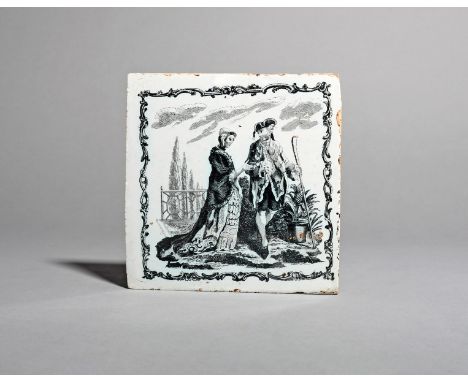 A Liverpool delftware tile, c.1757-61, printed by John Sadler with a courting couple beside a pineapple plant in a formal gar