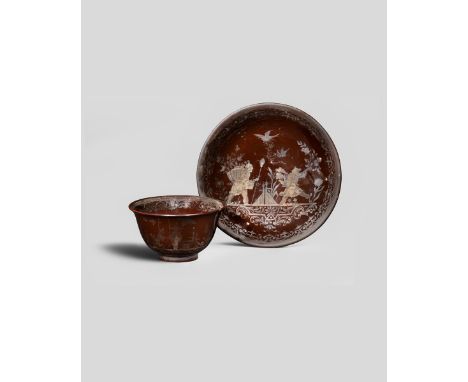 A rare Bayreuth brown-glazed stoneware teabowl and saucer, c.1730-40, after Meissen's Böttger stoneware, with silberChinesen 