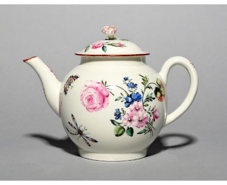 A Worcester teapot and cover, c.1760-70, finely decorated possibly outside of the factory with a large pink rose and other fl