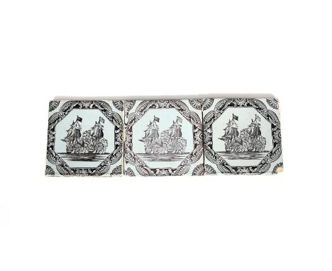 Three early Liverpool delftware woodblock tiles, c.1756-57, printed by Sadler and Green, each with an octagonal panel contain