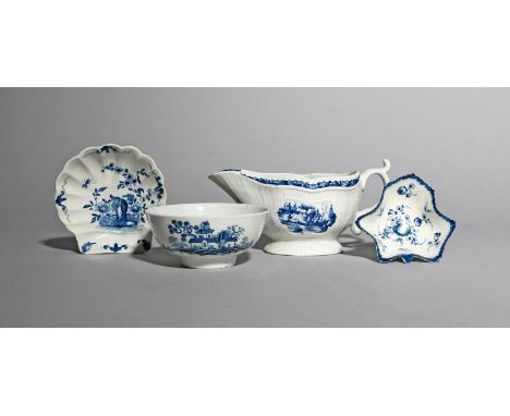 Two Worcester blue and white pickle dishes, c.1758-65, one of scallop shell form and painted with the Two Peony Rock Bird pat