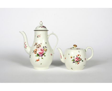 A Derby coffee pot and cover and a teapot and cover, c.1760, the coffee pot of baluster form and painted with flower sprays i