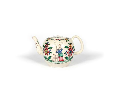 A Staffordshire salt-glazed teapot and cover, c.1760, painted in bright enamels with a lady using a washing dolly in a large 