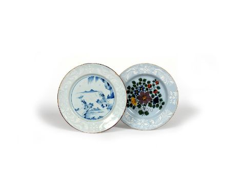 Two delftware plates, c.1760, one Bristol and painted in the Fazackerly palette with a tied bunch of flowers, the other in bl