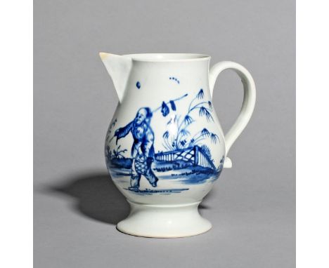 A Pennington's (Liverpool) blue and white jug, c.1765-70, painted with a Chinese figure carrying a basket and a long stick th