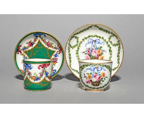 Two Sèvres cups and saucers, c.1770-80, one painted by Jacques Taillandier with flower garlands suspended from different colo