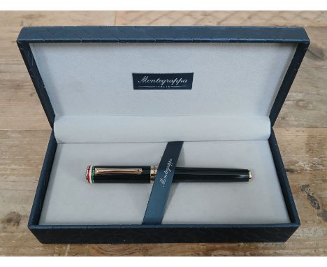MONTEGRAPPA, a gold plated, black and  tri-colore fountain pen with 18ct gold nib, box and booklet.