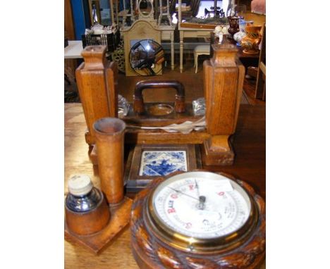 Oak cased wall barometer, pen and inkstand 