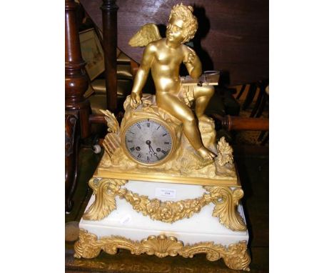 A large French antique gilt and marble mantel clock with cherub mount - 50cm high  CONDITION REPORTmakers mark to movement