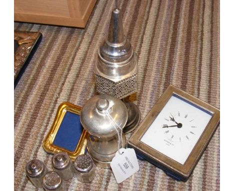 Silver pepper mill, clock, etc.