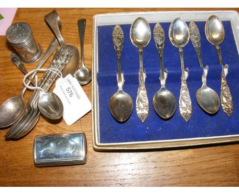 Silver snuff box, silver teaspoons, etc. 