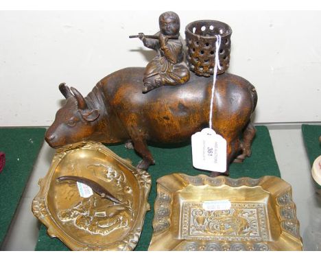 Bronze style oriental Buffalo, together with brass ashtray  CONDITION REPORTtail is off but present