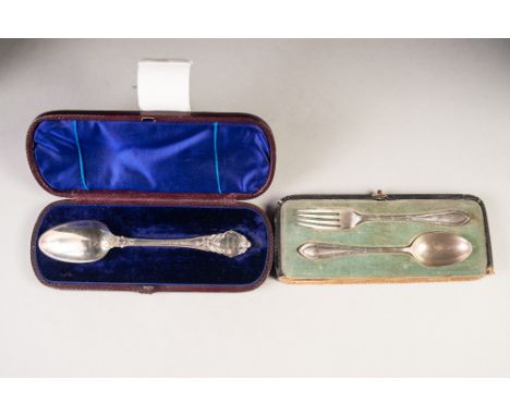 CHILD'S SILVER SPOON AND FORK, with reed and ribbon borders, makers Walker and Hall, Sheffield 1932 and 1933, and a VICTORIAN