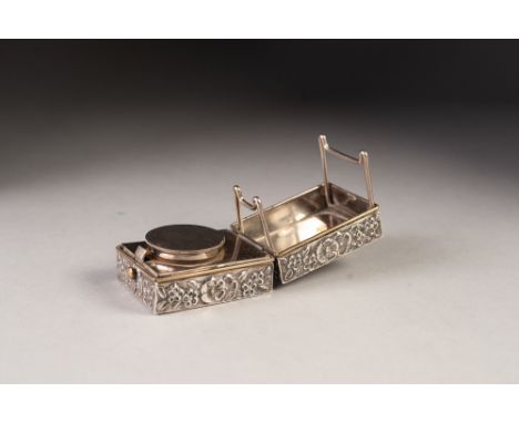 VICTORIAN SILVER TRAVELLING CURLING TONGS HEATER, of fold-out box form, chased and repousse autour with flower heads, the int