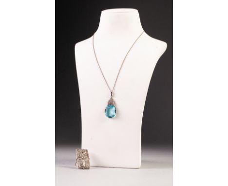 ART DECO MARCASITE PENDANT, set with a large rectangular blue stone on a fine chain necklace and an ART DECO COSTUME RING, wi