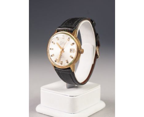 GENTS GILT METAL CASED ROTARY ELITE AUTOMATIC WRIST WATCH, with 25 jewels movement visible through the glass panel back, No. 