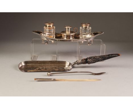 LATE VICTORIAN/EDWARDIAN ELECTRO-PLATE ON COPPER ELLIPTICAL BOAT SHAPE INKSTAND with two removable glass ink pots and taperst