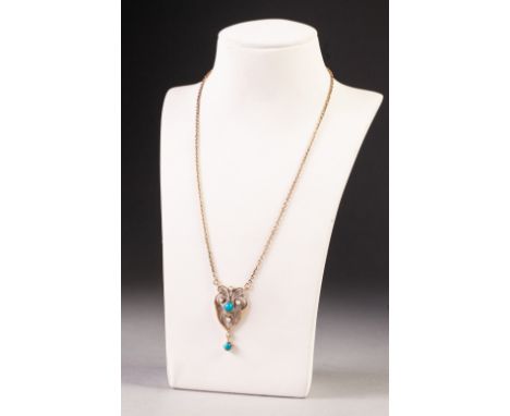 A 9ct GOLD FINE CHAIN NECKLACE, THE ART NOUVEAU PENDANT STYLE FRONT HEART SHAPED with open scrolls set with four seed pearls,