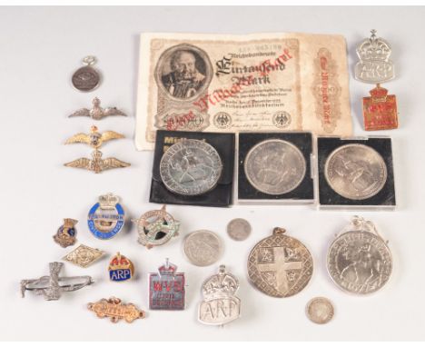 RAF SILVER SWEETHEARTS BADGE/WINGS, a GILT METAL AND ENAMEL DITTO AND ANOTHER SIMILAR, A BOMBARDMENT OF SCARBOROUGH SMALL COM
