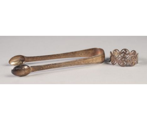 GEORGE III SILVER SUGAR TONGS, with thread borders, London 1815 and a SILVER NAPKIN RING formed of 8 conjoined, pierced circu