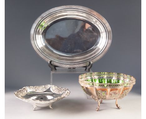 THREE PIECES OF ELECTROPLATE, comprising: LOBATED BOWL WITH GREEN GLASS LINER AND PAW FEET, OVAL ENTRÉE DISH and a CIRCULAR D