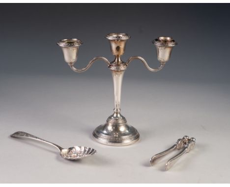 MODERN WEIGHTED SILVER TRIPLE LIGHT TWIN BRANCH CANDELABRUM, Birmingham 1968, a George III SILVER OLD ENGLISH PATTERN DESSERT