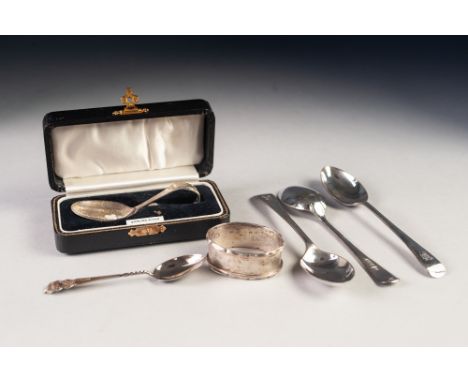 GEORGE VI CASED CHILD'S SILVER FEEDING SPOON, Birmingham 1937, together with an ENGINE TURNED OVAL NAPKIN RING, Birmingham 19